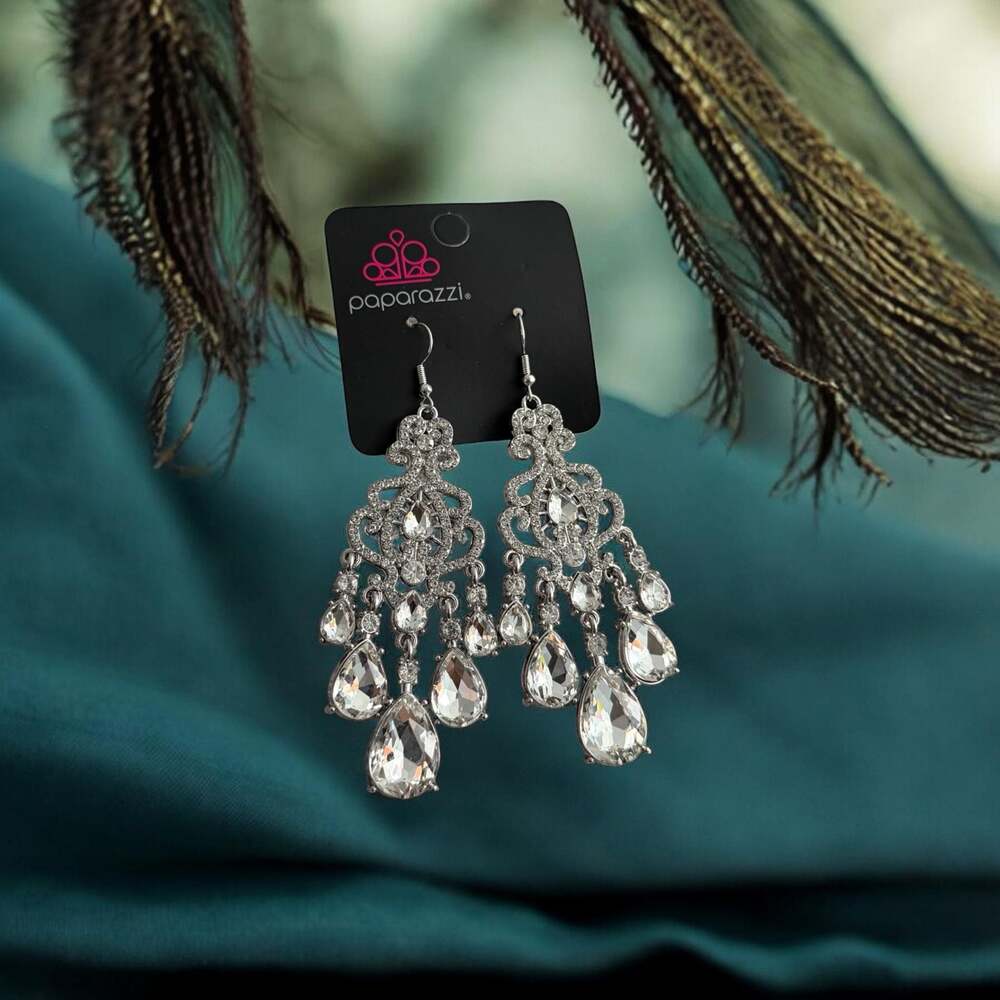 Paparazzi Long Live Sparkle White Rhinestone Necklace, Earrings, and Ring Set - Picture 3 of 4